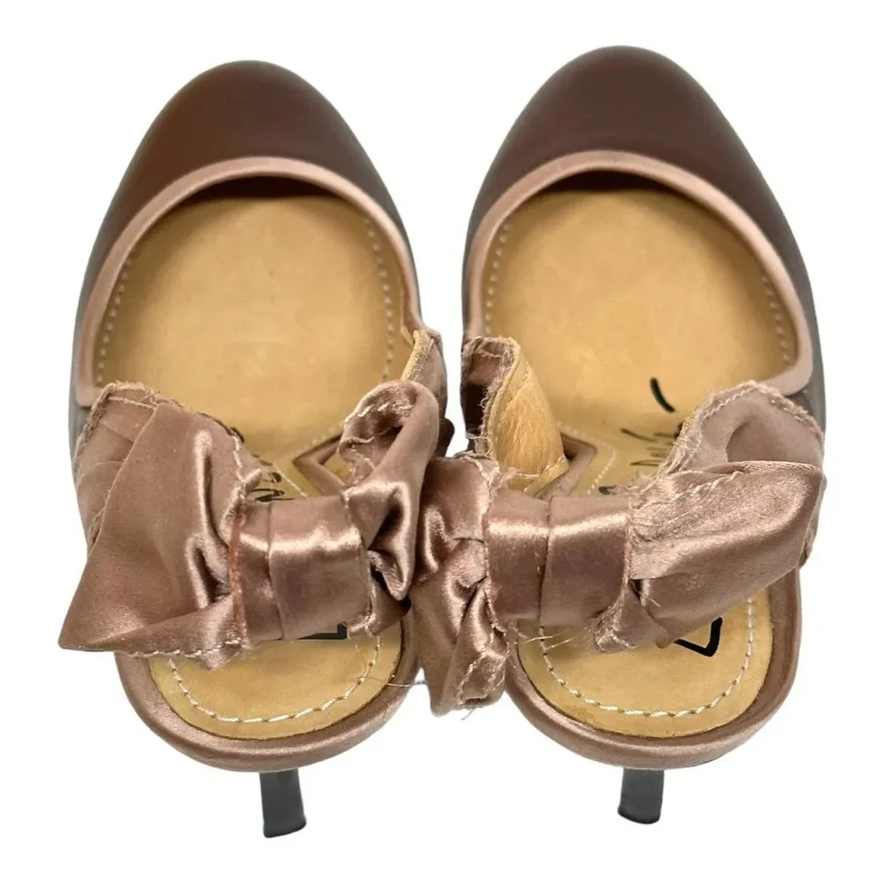 LANVIN Brown Leather & Pink Silk Slingback Bow Pumps Heels 37 6.5 7 Italy